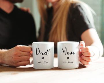 Mom Dad Est 2024 Coffee Mug Set Heart Design Pregnancy Gender Reveal Couple Gift