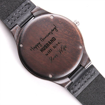Engraved Wooden Watch Leather Band "Happy Anniversary! Husband with love, Your Wife" Gift