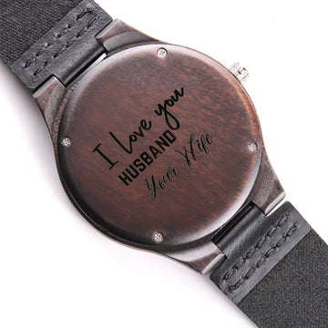 Engraved Wooden Watch Leather Band "I Love You Husband Your Wife" Gift
