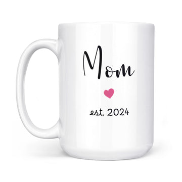 Mom Est 2024 Coffee Mug Pink Heart Design Gender Reveal Gift, Couple, New Bab