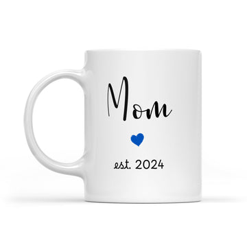 Mom Est 2024 Coffee Mug Blue Heart Design Gender Reveal Gift, Couple, New Bab